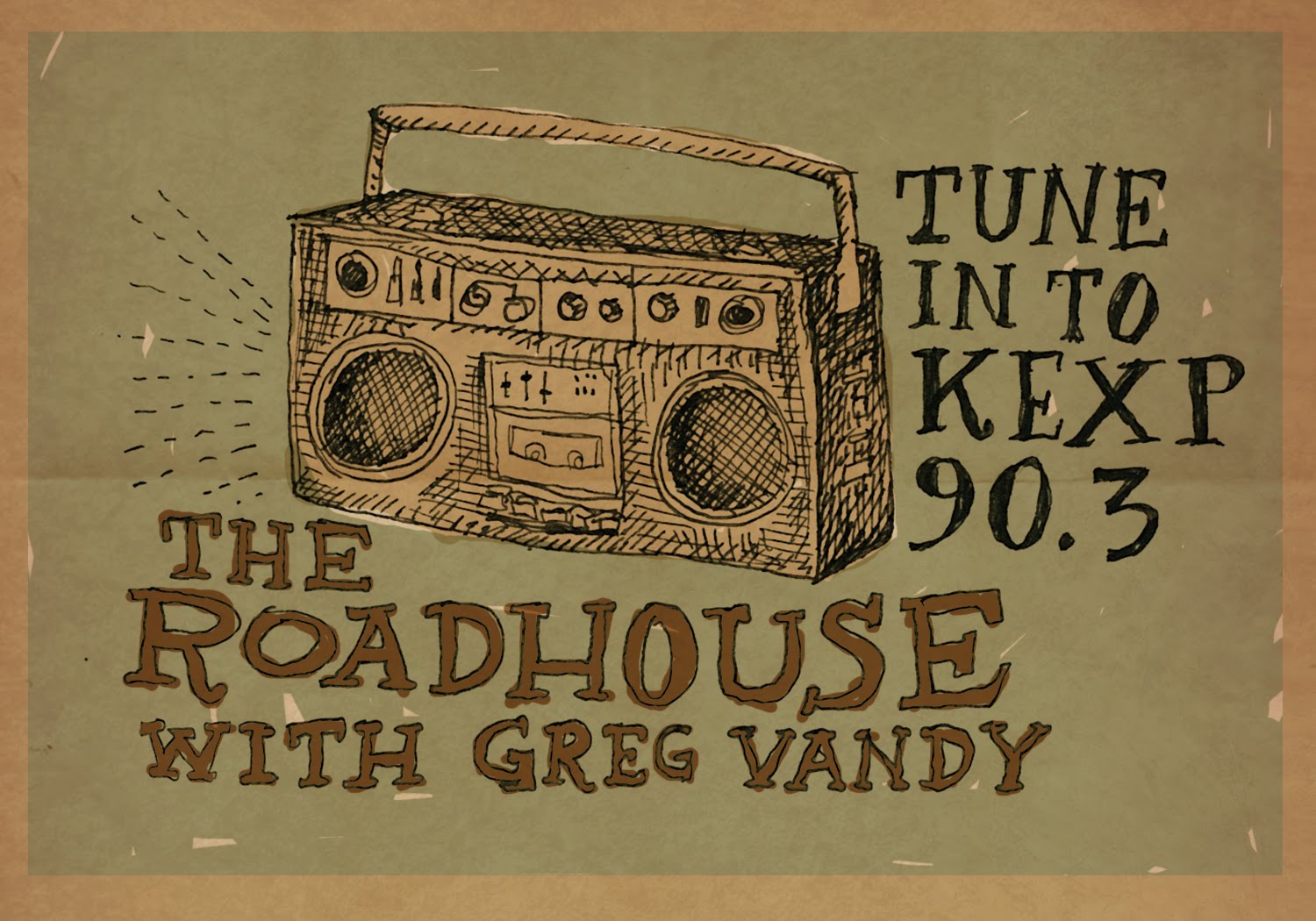 KEXP Radio station Roadhouse Greg Vandy Postcard by Seattle artist illustrator animation drew christie 2011